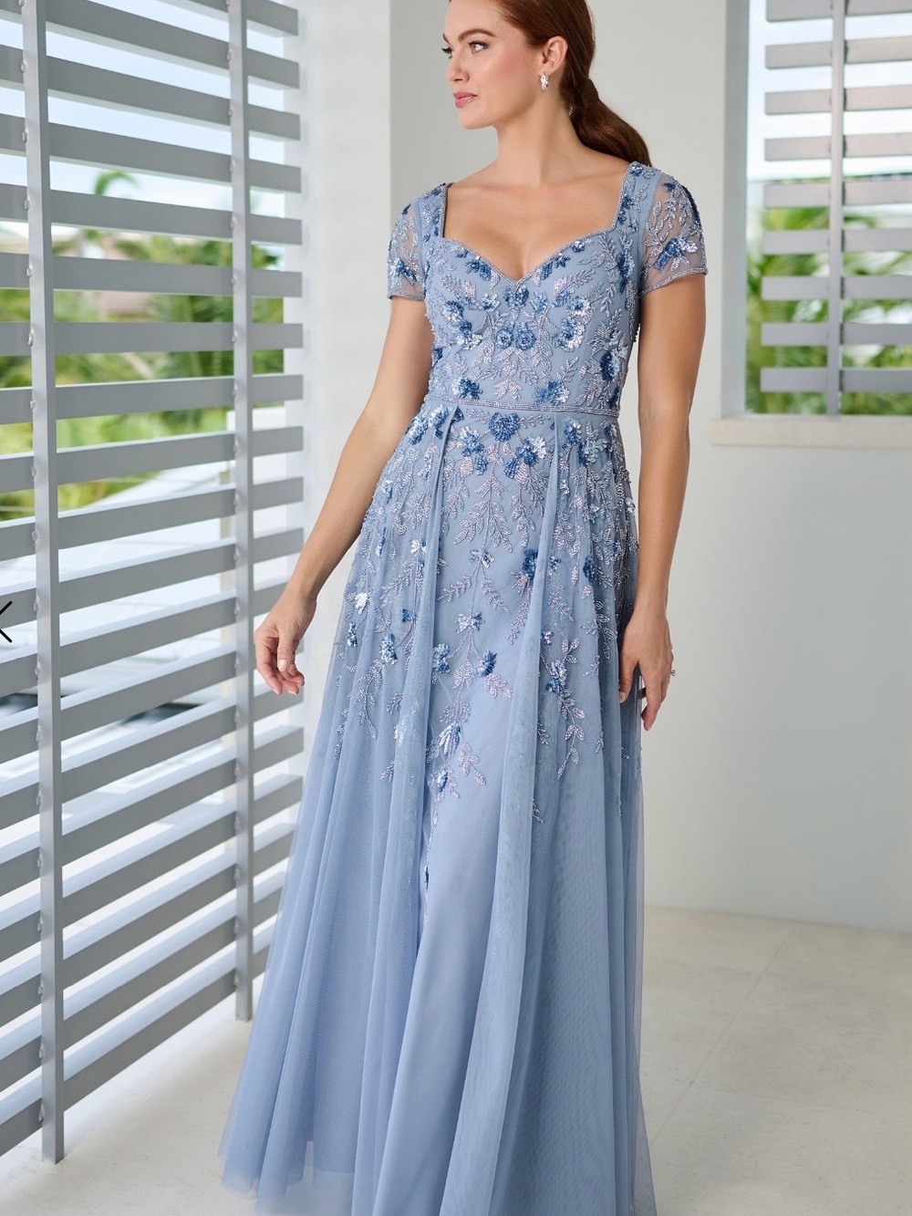 Adrianna Papell Light Blue Embroidered Dress Gown Style 40468 - Mother of Bride